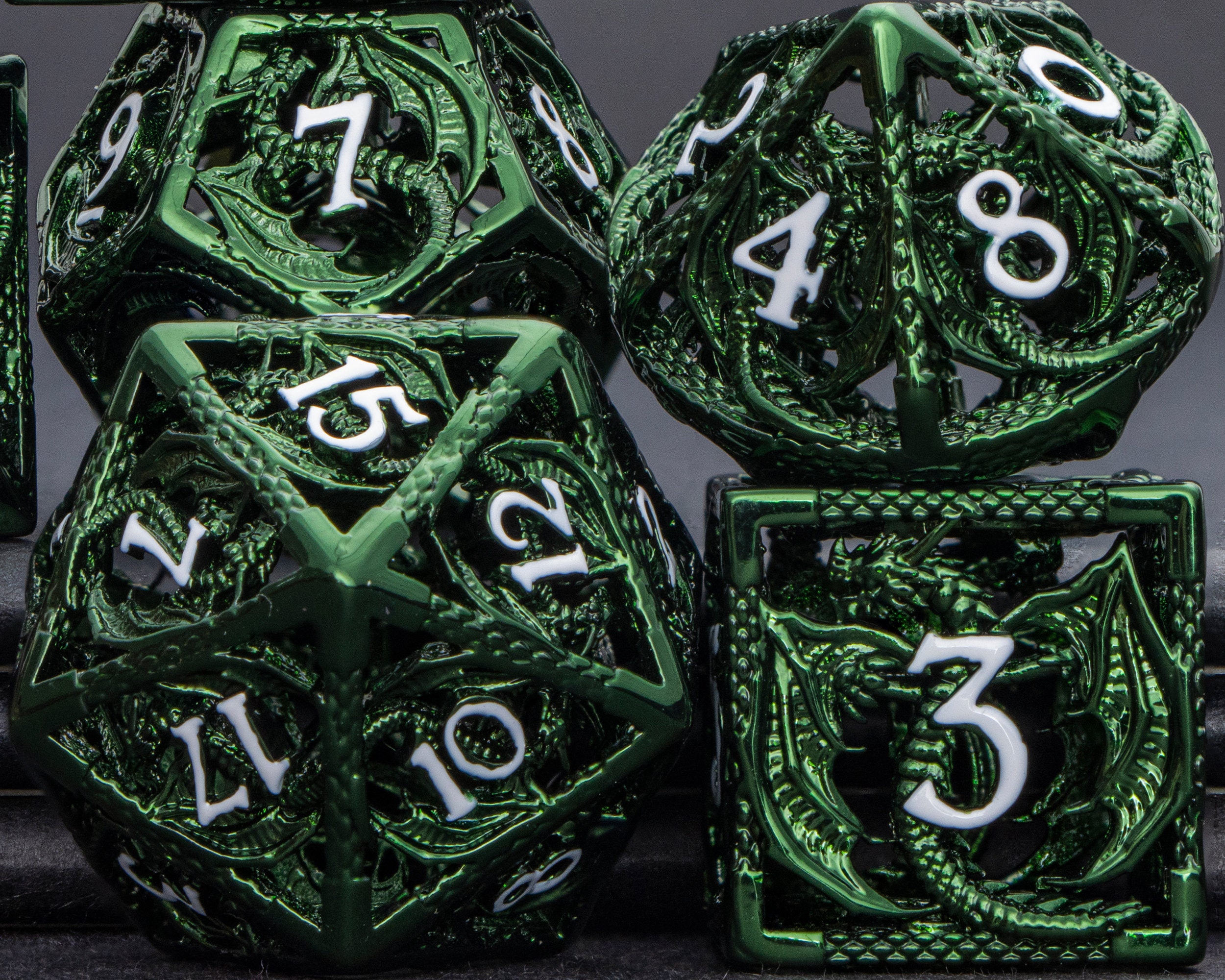 Green DND Metal Polyhedral Hollow Dragon Dice For Dungeons and Dragons MTG Pathfinder D&D Role Playing Game Dice Set D20 D12 D10 D% D8 D6 D4