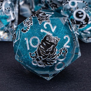 Blue Liquid Core Black Cat Dnd Sharp Edge Resin Dice D and D Dungeons and Dragons Role Playing Game Polyhedral D&D D20 MTG Roll Dice Set
