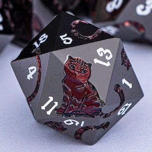 7PCS Black Nickel Red Cat Cat Dnd Metal Dice Set D and D Dungeons and Dragons Pathfinder Role Playing Game Dice D&D Polyhedral D20 Game Dice