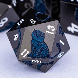 Black Nickel Blue Cat Cat Dnd Metal Dice Set D and D Dungeons and Dragons Pathfinder Role Playing Game Dice D&D Polyhedral D20 Game Dice