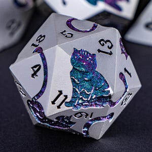 7PCS Silver Green Cat Cat Dnd Metal Dice Set D and D Dungeons and Dragons Pathfinder Role Playing Game Dice D&D Polyhedral D20 RPG Game Dice