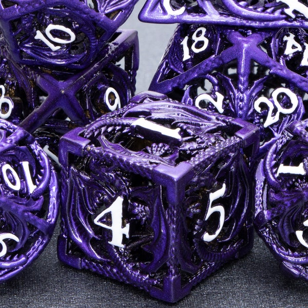 D20 Dnd Metal Polyhedral D+D D6 Handmade Hollow Dragon D and D Purple Dice Set For Dungeons and Dragons MTG Pathfinder Role Playing Games