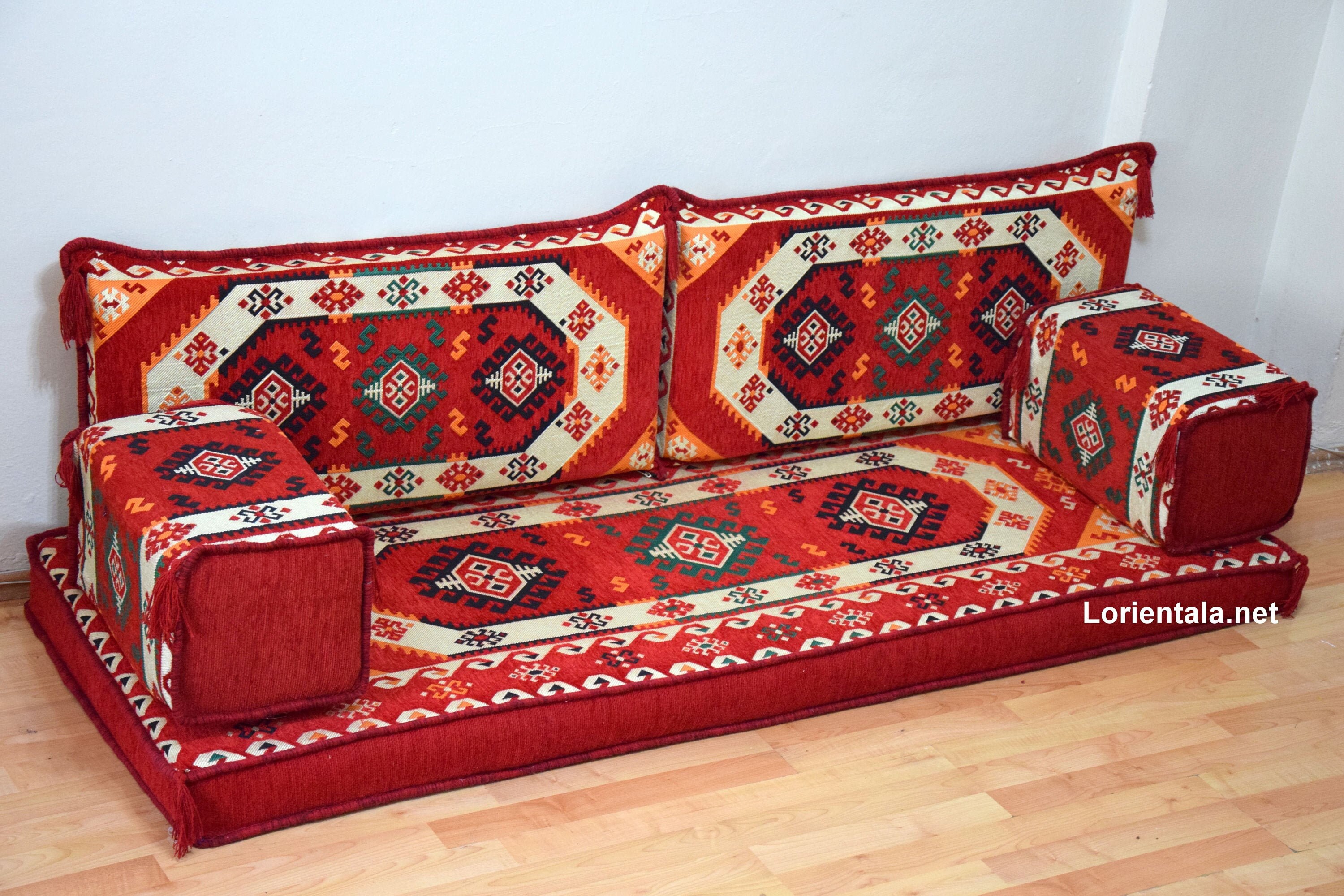 boho sofa, sofa de plancher, couch, couch d'angle d'orange, meubles boho, sièges marocains plancher lovseat marocain arabe