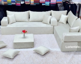 12'' THICK L SHAPED Velvet Off-white Floor seating sofa Ottoman cushion set Arabic living room Oriental Moroccan Home Decor sectional couch