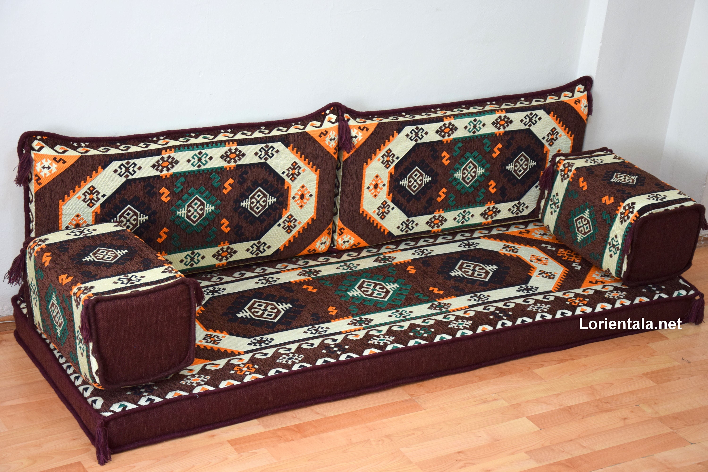 sofa, sofa de plancher, couch, couch couverture coin brown, meubles boho, sièges coussins marocains sofa arabe, ensemble marocain décor