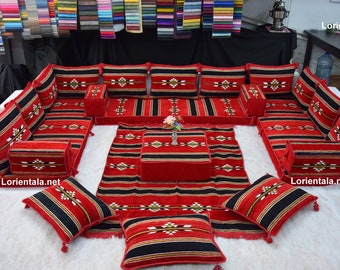 U SHAPE Black Red Oriental Floor Seating Sofa set Cushions Arabic style Majlis Rug Oriental Home Decor Moroccan Sofa bohemian furniture Set