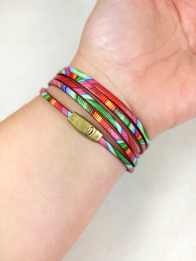 Thin leather handmade bracelet for women, wrap around bracelet, magnetic clip, made in France. image 6