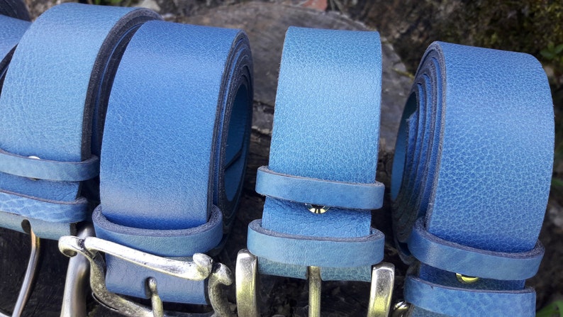 vegetable tanned leather handcrafted leather belt made in France Blue leather handmade belt for men and women