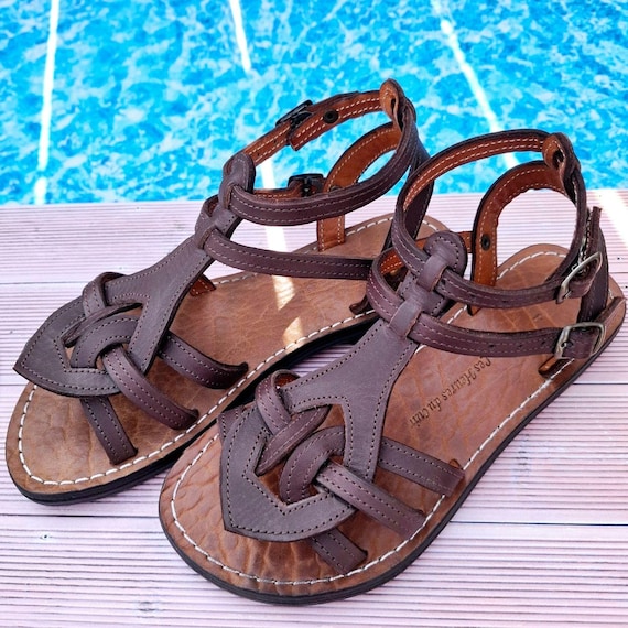 Sandales artisanales en cuir pour femme, spartiates cuir marron, nu-pieds  cuir, chaussures d'été en cuir pour femme