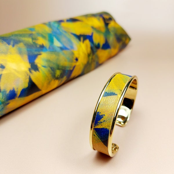 Bracelet jonc doré à l'or fin 24k, style manchette pour femme, lanière en cuir avec motif fleuri bleu et jaune, idée cadeau (pas de taille)