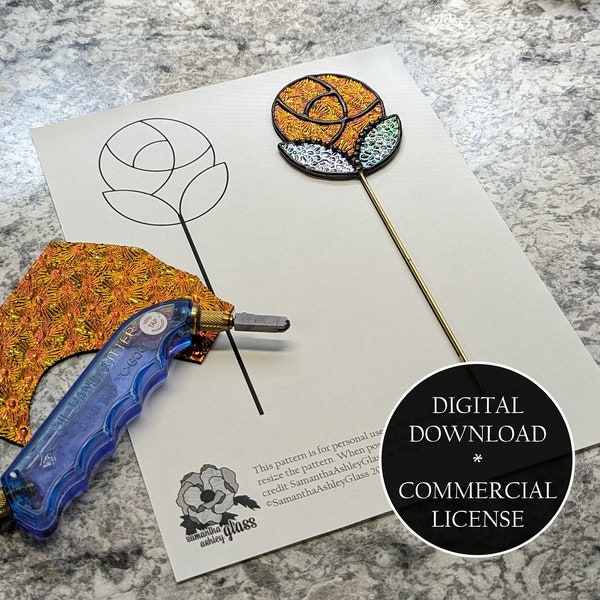 Commercial License - DIGITAL DOWNLOAD - Art Nouveau Stained Glass Rose Planter Stake Pattern