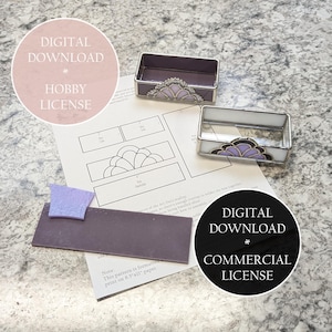 May include: Two rectangular stained glass boxes with a purple and white floral design, alongside a pattern sheet and a purple glass piece. The image also includes text that reads "DIGITAL DOWNLOAD * HOBBY LICENSE" and "DIGITAL DOWNLOAD * COMMERCIAL LICENSE."