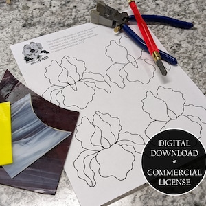 May include: A black and white line drawing of an iris flower on a white sheet of paper. The paper is surrounded by glass pieces, a glass cutter, and pliers. The text "DIGITAL DOWNLOAD * COMMERCIAL LICENSE" is printed at the bottom of the page.