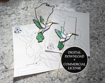 Kommerzielle Lizenz – DIGITALER DOWNLOAD – Kolibri-Buntglas-Pflanzgefäß und Sonnenfänger