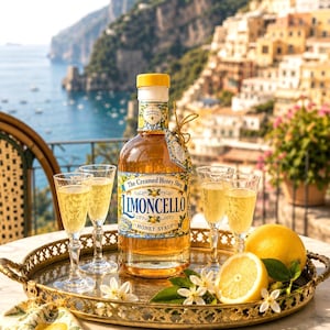 May include: A glass bottle of Limoncello Honey Syrup with a yellow cap, featuring a label with blue and yellow floral accents. The bottle is surrounded by three stemmed glasses filled with yellow liquid, two whole lemons, and small white flowers on a gold tray.