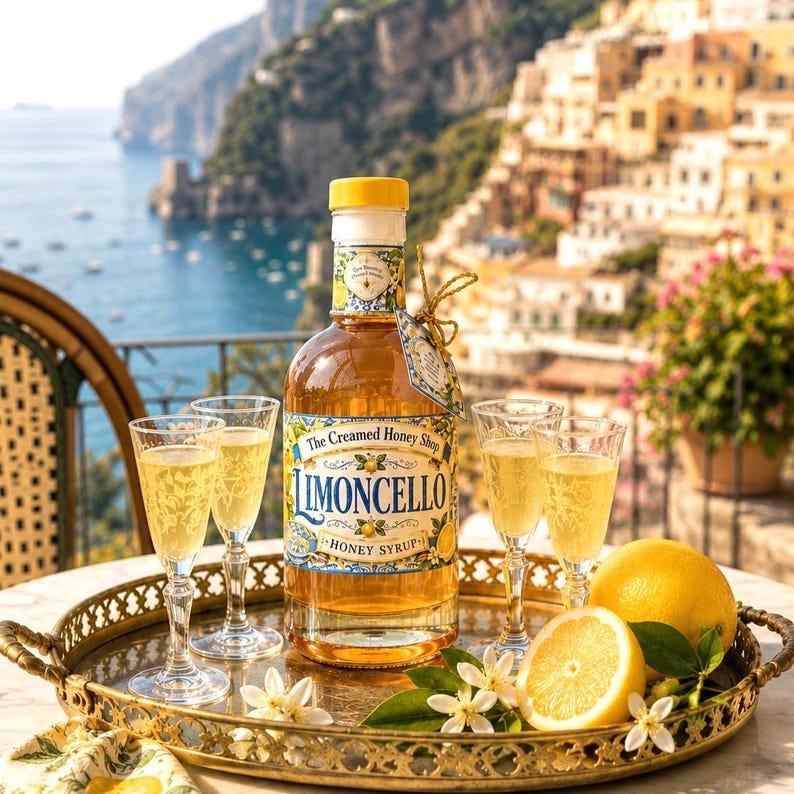May include: A glass bottle of Limoncello Honey Syrup with a yellow cap, featuring a label with blue and yellow floral accents. The bottle is surrounded by three stemmed glasses filled with yellow liquid, two whole lemons, and small white flowers on a gold tray.