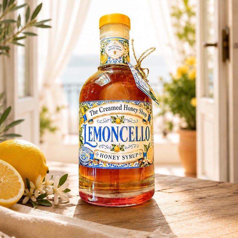 Limoncello Honey Syrup Gift Box with Recipe Card, Italian Lemon Cocktail and Mocktail Mixer Made with Pure Honey. Gourmet Limoncello Honey Syrup Gift Set Packaged in White Gift Box for Cocktail Lovers and Foodies