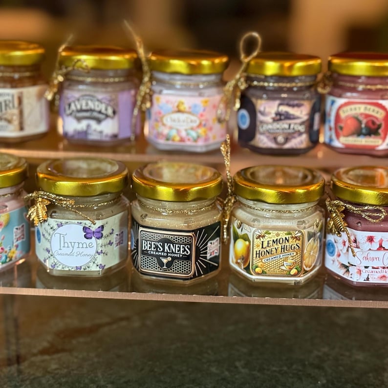 Luxury Honey Sampler Trio – Flavored Whipped Honey in 1.5 oz Hexagon Jars with Decorative Labels