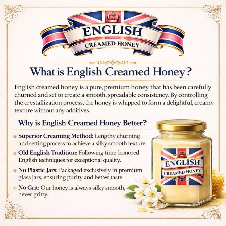 May include: An advertisement for English creamed honey. The image features a jar of honey with a gold lid and a label with the Union Jack flag. The text on the label reads "English Creamed Honey". The jar is surrounded by white flowers and a honeycomb.