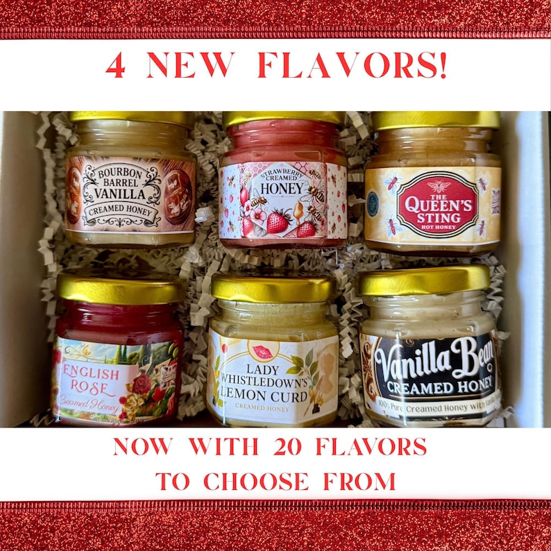 New Creamed Honey Gift Sampler – Now with 4 New Flavors! Choose 3 Mini Jars from 20 Gourmet Flavored Honeys – Tea Lover Gift