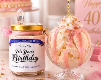 40th Birthday Cake Creamed Honey Gift for Her Luxury Foodie Gift for Mom Sister Bestie, Gourmet Ice Cream Dessert Topping Ready to Gift Jar