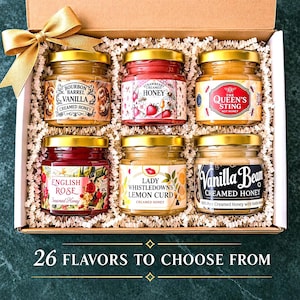 Honey gift set box for Mothers Day Gift or to surprise grandmother for her birthday who loves tea or honey! Flavored honey with 26 different choices! All 100% raw honey made with fruit and delicious flavors like salted caramel, lemon, jasmine, peppermint, vanilla bean and cinnamon (plus many more to choose from)!