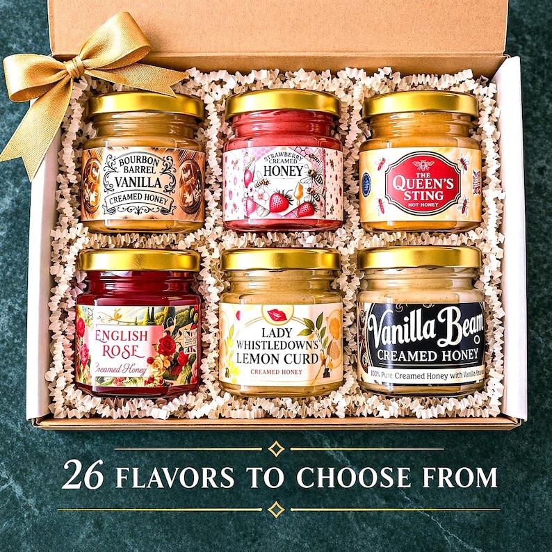 Honey gift set box for Mothers Day Gift or to surprise grandmother for her birthday who loves tea or honey! Flavored honey with 26 different choices! All 100% raw honey made with fruit and delicious flavors like salted caramel, lemon, jasmine, peppermint, vanilla bean and cinnamon (plus many more to choose from)!