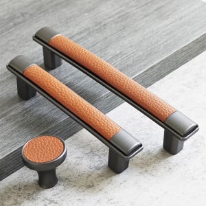 Poignée en cuir marron gris : accent laiton, boutons de quincaillerie - 3,8"/5"/6,3" L006