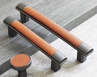 Tirador de cuero gris y marrón para gabinete: detalles de latón, perillas de herrajes - 9,5 cm/12,7 cm/16,9 cm L006