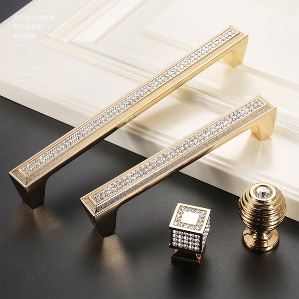 5" 7.6" Polished Gold European Style Light Luxury Crystal Wardrobe Cabinet Handle Knobs Diamond Embedded Drawer Knobs Pulls 128 192mm D034