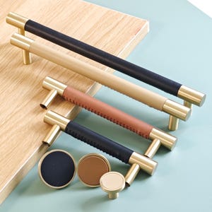 Raw Leather and Brass Cabinet Knob or Pull - Brown Leather Drawer Handles L005