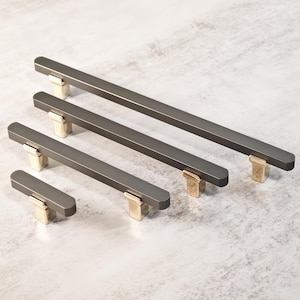 May include: Four dark gray cabinet pulls with brass-colored square bases are arranged in a row. The pulls are rectangular with rounded ends. The sizes vary, with the largest at the top and the smallest at the bottom.