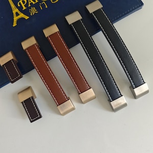 Leather Cabinet Pull: Brown & Black Dresser Drawer Handles - Gold/Chrome Accents