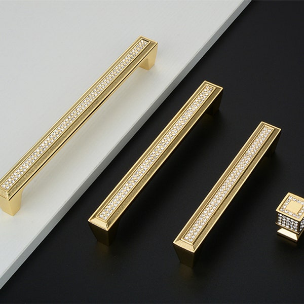 5" 6.3" 7.6" Gold European Style Light Luxury Crystal Wardrobe Cabinet Handle Knobs Diamond Embedded Drawer Knobs Pulls 128 160 192mm D040