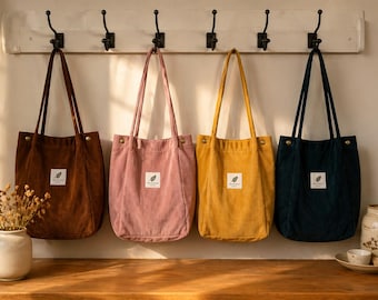Kordsamt-Einkaufstasche mit Tasche, ästhetische Segeltuch-Umhängetasche, Vintage-Stil Alltagstasche, Büchertasche für Frauen, umweltfreundliches Geschenk
