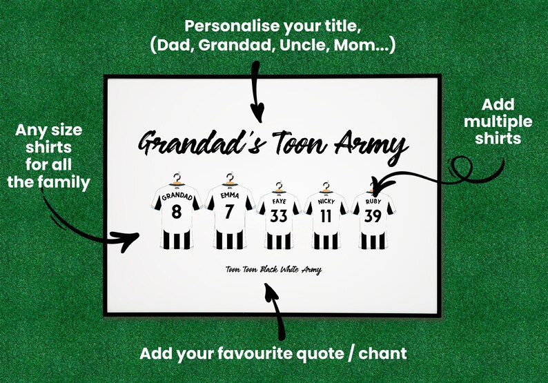 Personalised Newcastle United Football Family Shirt Print, Dream Team Wall Art, Fathers Day First Grandad Gift image 2