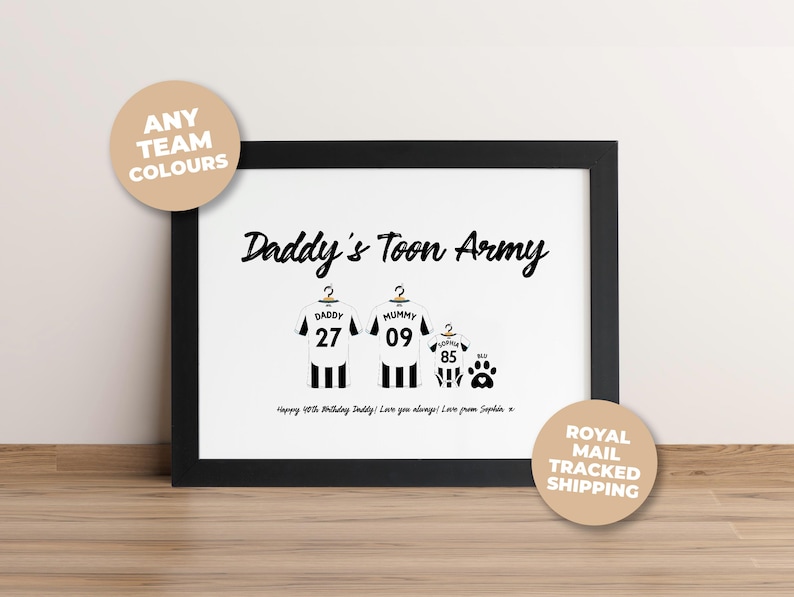 Personalised Newcastle United Football Family Shirt Print, Dream Team Wall Art, Fathers Day First Grandad Gift image 1