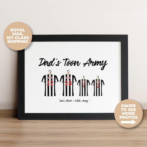 Custom Football Print | Personalised Black and White Football Shirt Print | Family Name Print | Newcastle | Fathers Day | Newcastle Print