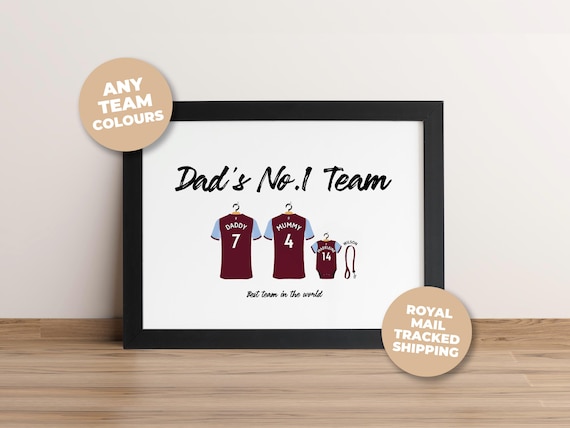 Personalised Aston Villa FC Football Shirt Print, AVFC Soccer Team Family Poster Wall Art,  Father’s Day Grandad Gift, 1st Dad Present