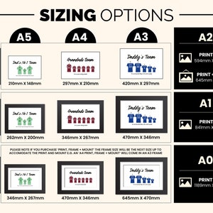 Pu&ograve; includere: Un grafico che mostra diverse dimensioni di stampa per una stampa personalizzata incorniciata. Le dimensioni sono A0, A1, A2, A3, A4 e A5. Il grafico mostra la dimensione della stampa e la dimensione della stampa con cornice e passepartout. Il grafico include anche il testo "Opzioni di dimensionamento".