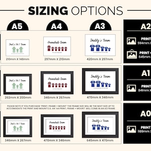 May include: A chart showing different sizes for prints, frames, and mounts. The sizes are listed as A0, A1, A2, A3, A4, and A5. The chart includes the dimensions in inches for each size.