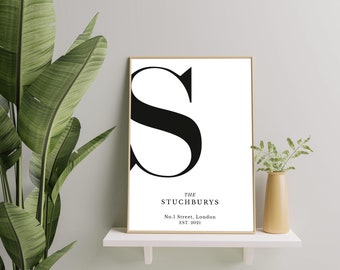 Personalised Family Name Print, Custom Surname Initial Wall Art, Interior Home Decor