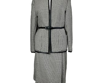 Houndstooth 100% Wool Midi Skirt Suit Size 8 Valerie Stevens Belt Lined EUC