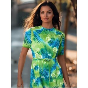 1950s Neusteters Floral Belted Dress Short Sleeve Zip Blue Green Size Small NEW