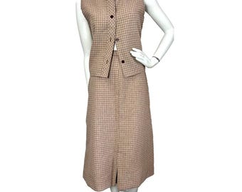60s-70s Plaid Vest Top Skirt Set Size Small Career Guild Vintage Midi Brown Red
