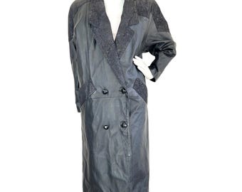 Vintage Womens Charles Klein Leather Trench Coat Paisley Lined Black Size Small