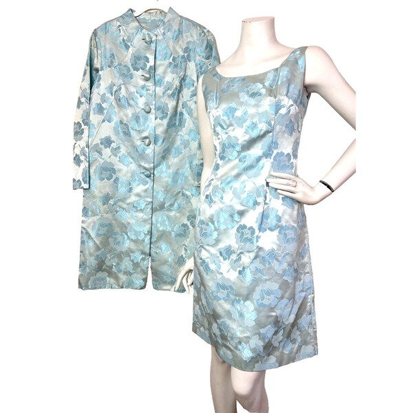 Vintage 60 Dress Coat Set Floral Brocade Satin Jacquard Button Blue Size Small 6