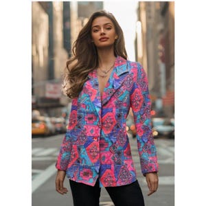 Vintage 80s CLAUDE Oversized Blazer Print Pocket Long Sleeve Pink Size Medium