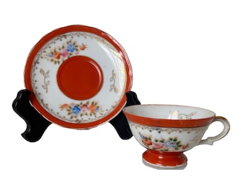 Juego de taza y platillo de té de porcelana fina vintage de Berkshire, Japón ocupado, con flores rojas y doradas