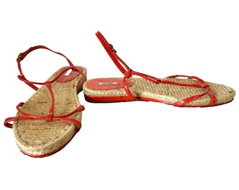 Miu Miu Patent Leather T Strap Sandal Size 9 39 Tangerine Jute Insole Buckle